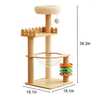 Heybly 39.3 In Wooden Cat Tree Tower with Sisal Scratching Posts, Top Perch, Acrylic Hammock Hanging