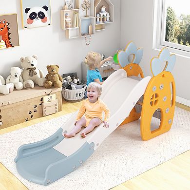 Foldable Kids Slide Playset with Basketball Hoop and Crawl Tunnel
