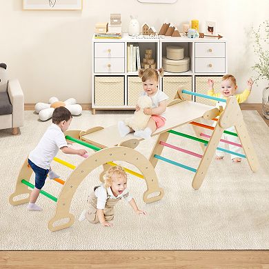 Montessori Climbing Set Wooden Indoor Play Gym with Triangle Arch Ramp