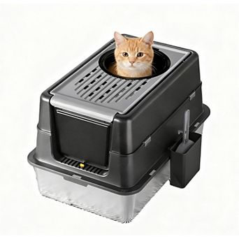 Extra Large Stainless Steel Cat Litter Box with Dual Entry & Flip Top Lid, Enclosed for Odor Control