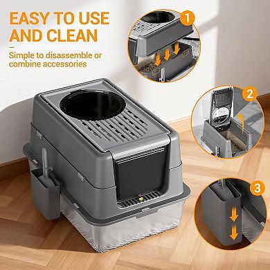 Extra Large Stainless Steel Cat Litter Box with Dual Entry & Flip Top Lid, Enclosed for Odor Control