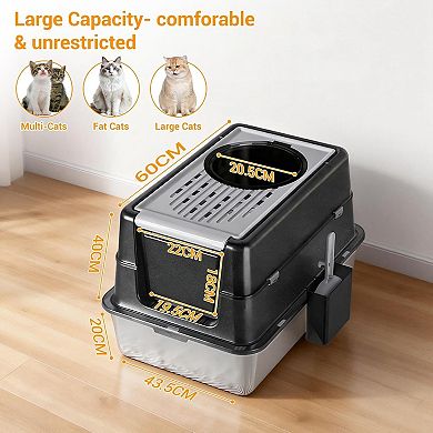 Extra Large Stainless Steel Cat Litter Box with Dual Entry & Flip Top Lid, Enclosed for Odor Control