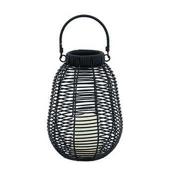 7.9"x7.9"x10.6" Black Poly Rattan Lantern with White LED Candle