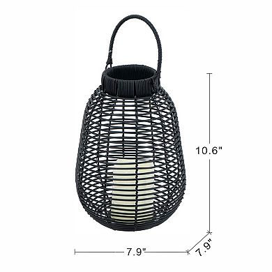 7.9"x7.9"x10.6" Black Poly Rattan Lantern with White LED Candle