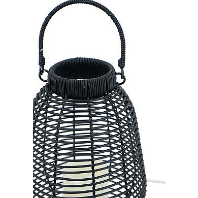 7.9"x7.9"x10.6" Black Poly Rattan Lantern with White LED Candle