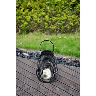 7.9"x7.9"x10.6" Black Poly Rattan Lantern with White LED Candle