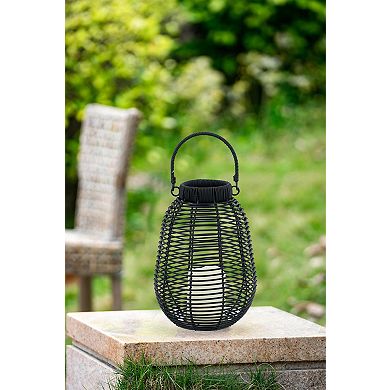 7.9"x7.9"x10.6" Black Poly Rattan Lantern with White LED Candle