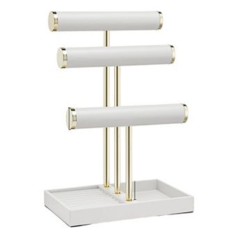 3 tier White Leather Jewelry Organizer Stand with Tray Holds 24 to 36 Bracelets Necklaces