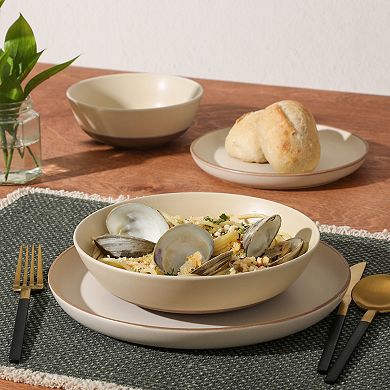 Gibson Elite Laguna Bliss 16 Piece Stoneware Reactive Glaze Dinnerware Set Matte Cream