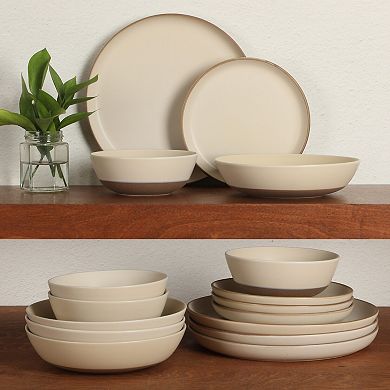 Gibson Elite Laguna Bliss 16 Piece Stoneware Reactive Glaze Dinnerware Set Matte Cream