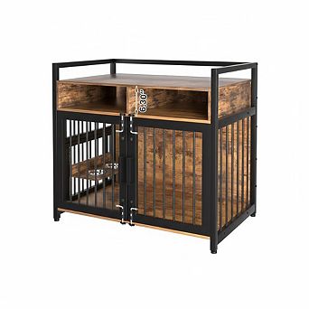 Large Dog Cage with 2 Open Storage Shelves,48 in with Adjustable Raised Feeders