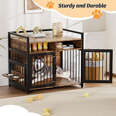 Large Dog Cage with 2 Open Storage Shelves,48 in with Adjustable Raised Feeders
