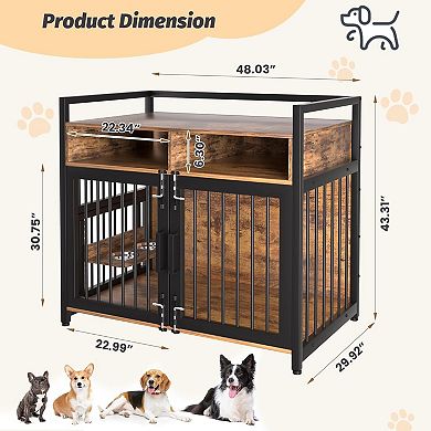 Large Dog Cage with 2 Open Storage Shelves,48 in with Adjustable Raised Feeders