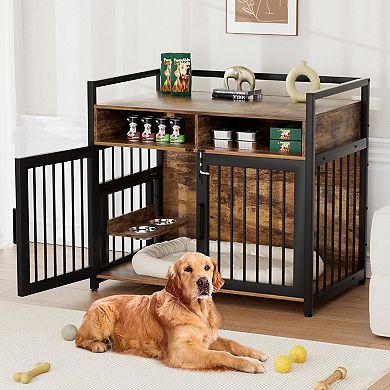 Large Dog Cage with 2 Open Storage Shelves,48 in with Adjustable Raised Feeders
