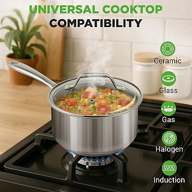 NutriChef 2 Quart Stainless Steel Pot with Lid, Heavy Duty, Ergonomic Handles, All Cooktops