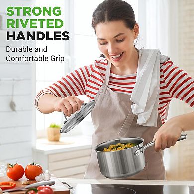 NutriChef 2 Quart Stainless Steel Pot with Lid, Heavy Duty, Ergonomic Handles, All Cooktops