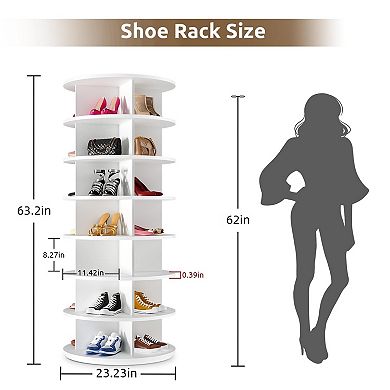 7 Tier Rotating Shoe Tower Organizer for 28 Pairs White 23.2x23.2x63.2 Inch Closet Storage