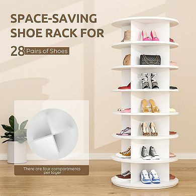 7 Tier Rotating Shoe Tower Organizer for 28 Pairs White 23.2x23.2x63.2 Inch Closet Storage