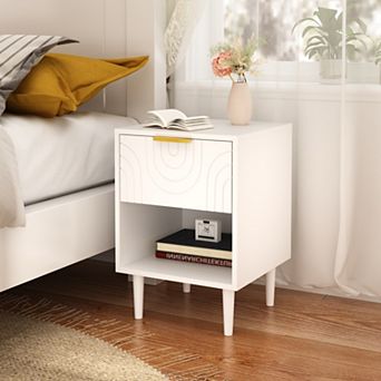 Modern Nightstand with Drawer & Shelf, Gold Handle Bedside Table for Bedroom, Small Spaces