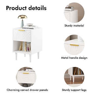 Modern Nightstand with Drawer & Shelf, Gold Handle Bedside Table for Bedroom, Small Spaces
