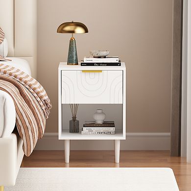 Modern Nightstand with Drawer & Shelf, Gold Handle Bedside Table for Bedroom, Small Spaces