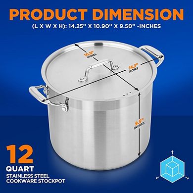 NutriChef 12 Qt Stainless Steel Stockpot Lid Included, Induction Compatible