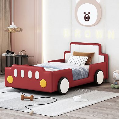 Heybly Twin Size Race Car Platform Bed with PU Leather Upholstery, Side Rails and Sturdy Slats