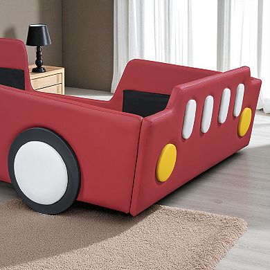 Heybly Twin Size Race Car Platform Bed with PU Leather Upholstery, Side Rails and Sturdy Slats