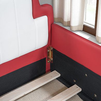 Heybly Twin Size Race Car Platform Bed with PU Leather Upholstery, Side Rails and Sturdy Slats