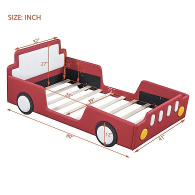 Heybly Twin Size Race Car Platform Bed with PU Leather Upholstery, Side Rails and Sturdy Slats
