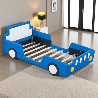 Heybly Twin Size Race Car Platform Bed with PU Leather Upholstery, Side Rails and Sturdy Slats