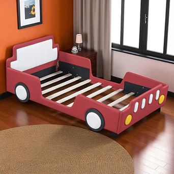 Heybly Twin Size Race Car Platform Bed with PU Leather Upholstery, Side Rails and Sturdy Slats