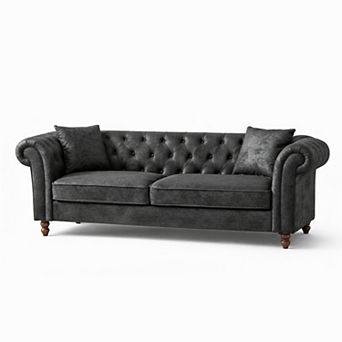 GOMYHOME 83" Chesterfield Faux Leather Sofa, 3-Seat Button Tufted Couch with Rolled Arms, Black