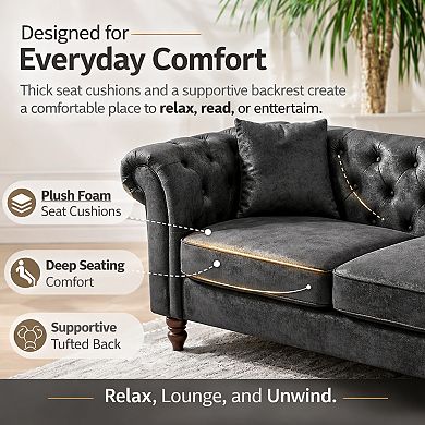 GOMYHOME 83" Chesterfield Faux Leather Sofa, 3-Seat Button Tufted Couch with Rolled Arms, Black