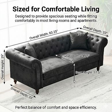 GOMYHOME 83" Chesterfield Faux Leather Sofa, 3-Seat Button Tufted Couch with Rolled Arms, Black