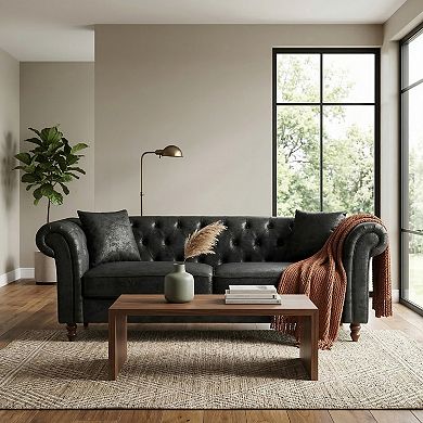 GOMYHOME 83" Chesterfield Faux Leather Sofa, 3-Seat Button Tufted Couch with Rolled Arms, Black
