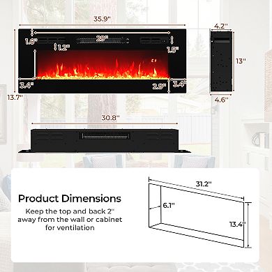 36 Inch Recessed Electric Fireplace Insert With LED Lights And Remote Control