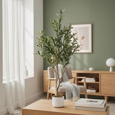 4ft Faux Olive Tree with 580 Leaves & White Planter, Realistic