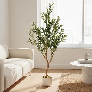 4ft Faux Olive Tree with 580 Leaves & White Planter, Realistic