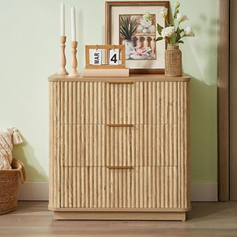 3-Drawer Wave Texture Nightstand, Oak Finish Storage Cabinet for Bedroom, Living Room