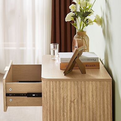 3-Drawer Wave Texture Nightstand, Oak Finish Storage Cabinet for Bedroom, Living Room