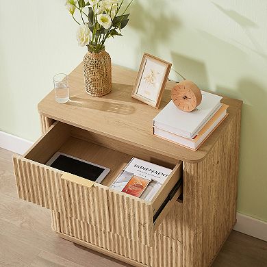 3-Drawer Wave Texture Nightstand, Oak Finish Storage Cabinet for Bedroom, Living Room