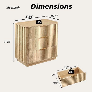 3-Drawer Wave Texture Nightstand, Oak Finish Storage Cabinet for Bedroom, Living Room