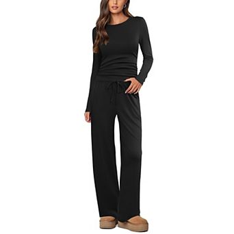 Ekouaer Women' 2 pc Pajama Set Long Sleeve Ruched Waist Top and Wide Leg Tracksuits Fall Outfits