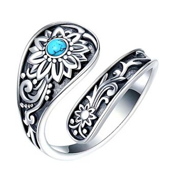 Sterling-Silver Sunflower Spoon Rings - Sunflower Turquoise Adjustable Ring for Women