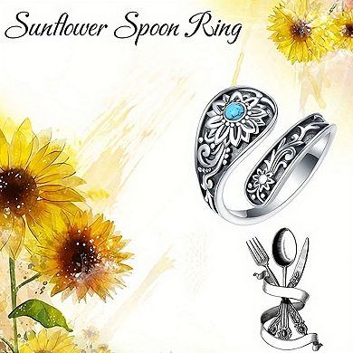Sterling-Silver Sunflower Spoon Rings - Sunflower Turquoise Adjustable Ring for Women