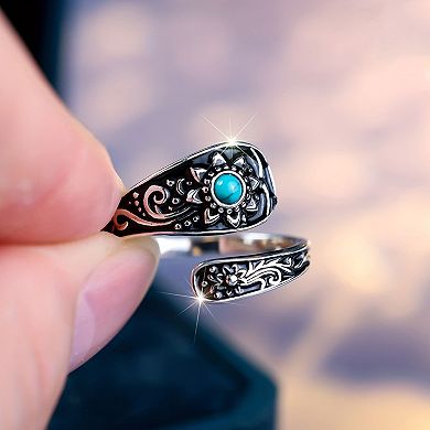 Sterling-Silver Sunflower Spoon Rings - Sunflower Turquoise Adjustable Ring for Women