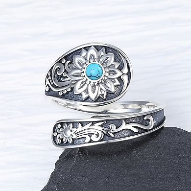 Sterling-Silver Sunflower Spoon Rings - Sunflower Turquoise Adjustable Ring for Women