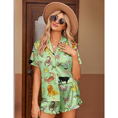Ekouaer Womens Silk Pajamas Button Down 2 Piece Pjs Shorts Set Ruffle Lingerie Notch Collar