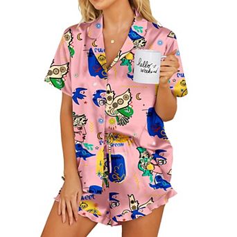 Ekouaer Womens Silk Pajamas Button Down 2 pc Pjs Shorts Set Ruffle Lingerie Notch Collar